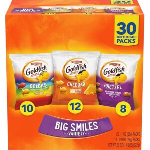 Goldfish Crackers Big Smiles Variety Pack with Cheddar, Colors, and Pretzels, Snack Packs, 30 Ct