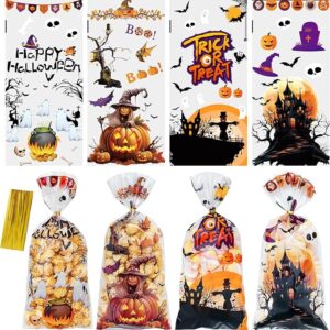 ZYLOP Halloween Cellophane Treat Bags, 50 Pcs Plastic Clear Halloween Candy Goodie Bags with 60pcs Twists for Trick or Treat Party Decorations Crafts Supplies Snacks Cookies Packing Gift Wrapping