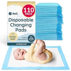 Reli. Disposable Changing Pads for Baby (110 Pack) | Disposable Diaper Changing Pads, 13" x 18" | Super Absorbent, Leak-Proof Liners | Waterproof, Quick Dry Underpads (Blue/White)