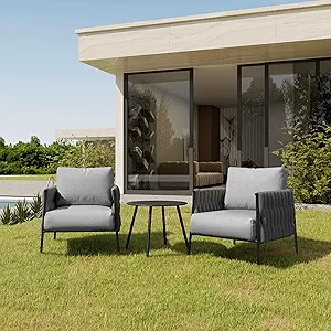 EAST OAK 3-Piece Patio Furniture Set | Armchairs & Coffee Table | Outdoor Furniture with Cushions | Deep Seating Modern Conversation Set | Garden, Porch, Balcony & Backyard | Misty Grey