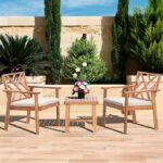 3 Piece Outdoor Patio Furniture Set, Wooden Conversation Patio Set with Padded Cushion Chairs and Coffee Table, Acacia Wood Lounge Conversation Set for Porch Balcony Deck Backyard