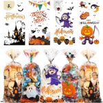 QOIUSO Halloween Cellophane Treat Bags - 50PCS Clear Plastic Goodie Bags with Twist Ties for Candy, Cookies, Snacks, Trick or Treat Gift Packing & Party Favors