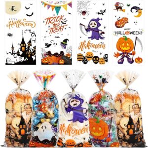 QOIUSO Halloween Cellophane Treat Bags - 50PCS Clear Plastic Goodie Bags with Twist Ties for Candy, Cookies, Snacks, Trick or Treat Gift Packing & Party Favors