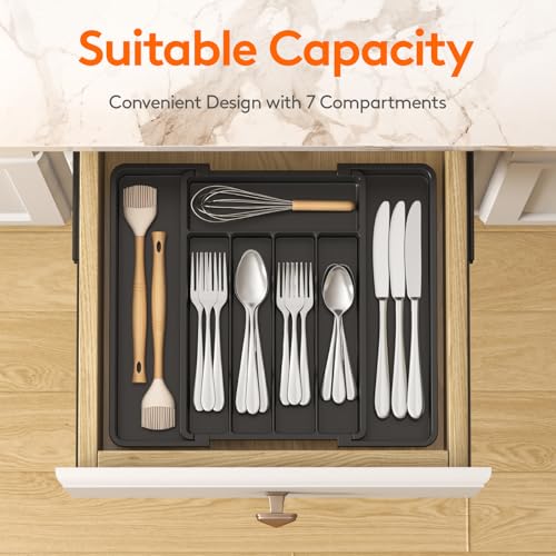 Lifewit Silverware Drawer Organizer, Expandable Utensil Tray for Kitchen, BPA Free Flatware and Cutlery Holder, Adjustable Plastic Storage for Spoons Forks Knives, 8.5-14 x 12", Black - Image 4