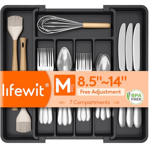 Lifewit Silverware Drawer Organizer, Expandable Utensil Tray for Kitchen, BPA Free Flatware and Cutlery Holder, Adjustable Plastic Storage for Spoons Forks Knives, 8.5-14 x 12", Black - Image 2