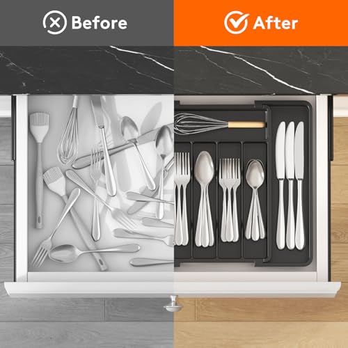 Lifewit Silverware Drawer Organizer, Expandable Utensil Tray for Kitchen, BPA Free Flatware and Cutlery Holder, Adjustable Plastic Storage for Spoons Forks Knives, 8.5-14 x 12", Black - Image 5