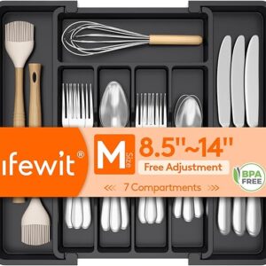 Lifewit Silverware Drawer Organizer, Expandable Utensil Tray for Kitchen, BPA Free Flatware and Cutlery Holder, Adjustable Plastic Storage for Spoons Forks Knives, 8.5-14 x 12", Black