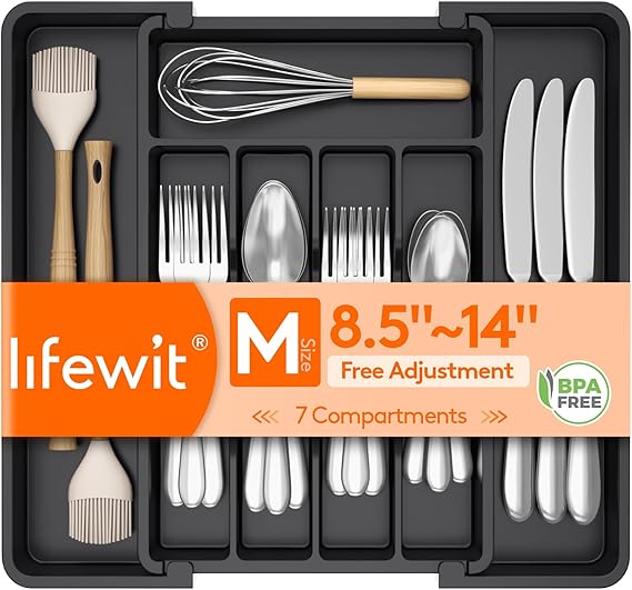 Lifewit Silverware Drawer Organizer, Expandable Utensil Tray for Kitchen, BPA Free Flatware and Cutlery Holder, Adjustable Plastic Storage for Spoons Forks Knives, 8.5-14 x 12", Black