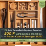 keechee Carbonized Bamboo Kitchen Drawer Organizer, 10 Slots Expandable Silverware Organizer, Utensil Holder & Cutlery Tray, 2.2" Deep for Extra Capacity, Non-Slip Feet Included