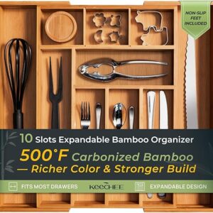 keechee Carbonized Bamboo Kitchen Drawer Organizer, 10 Slots Expandable Silverware Organizer, Utensil Holder & Cutlery Tray, 2.2" Deep for Extra Capacity, Non-Slip Feet Included